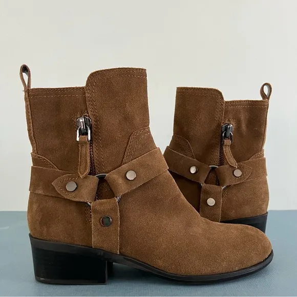 Marc Fisher Dalary Brown Suede Leather Buckle Motorcycle Ankle Boots
