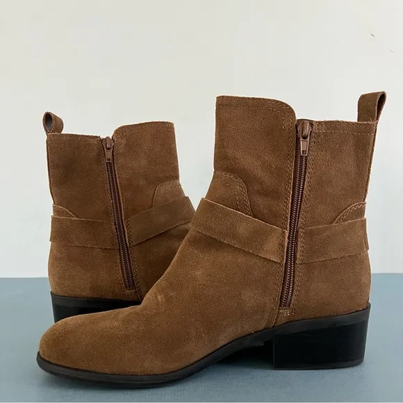 Marc Fisher Dalary Brown Suede Leather Buckle Motorcycle Ankle Boots