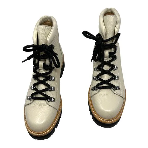 MARC FISHER Issy Hiker In Ivory Lace Up Lug Sole Leather Chelsea Boots Size 7