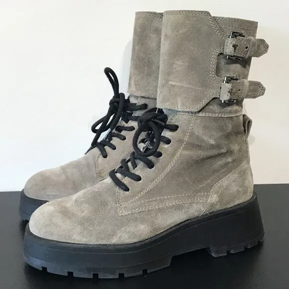 Massimo Dutti Lace Up Platform Lug Sole Combat Boots Gray Suede Leather 6.5 US