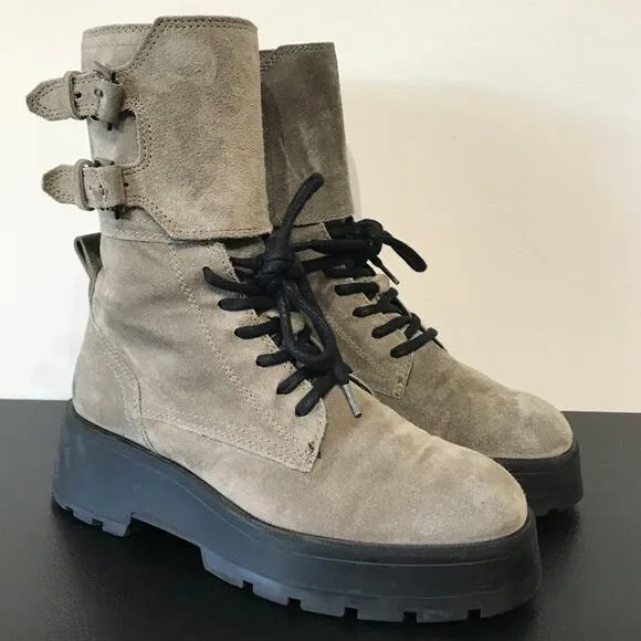 Massimo Dutti Lace Up Platform Lug Sole Combat Boots Gray Suede Leather 6.5 US