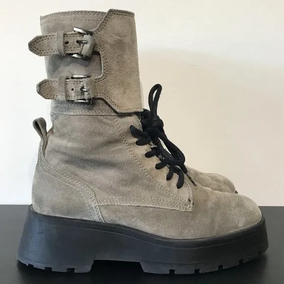 Massimo Dutti Lace Up Platform Lug Sole Combat Boots Gray Suede Leather 6.5 US