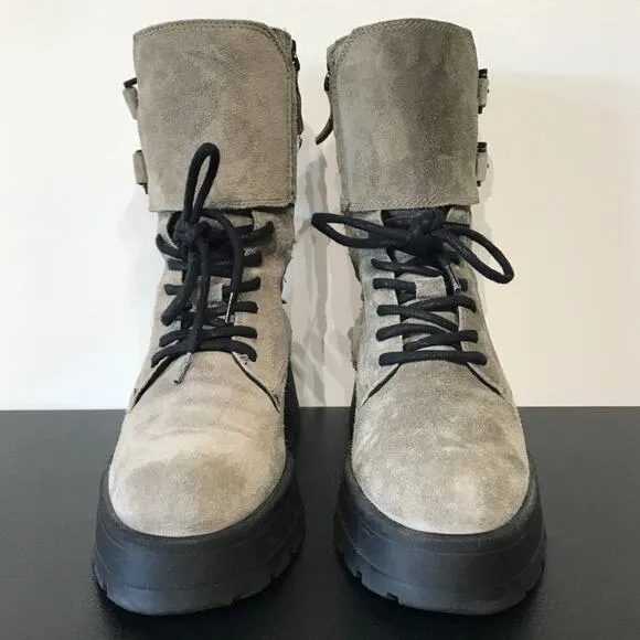 Massimo Dutti Lace Up Platform Lug Sole Combat Boots Gray Suede Leather 6.5 US