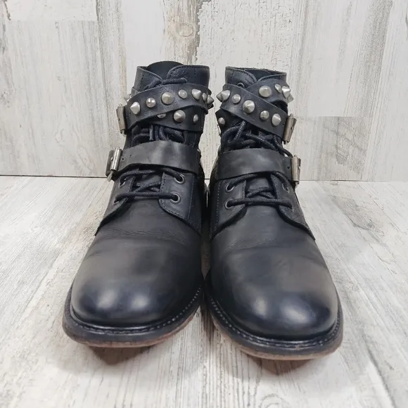 MDK Munderingskompagniet Black Leather Studded Buckle Moto Ankle Boots #362