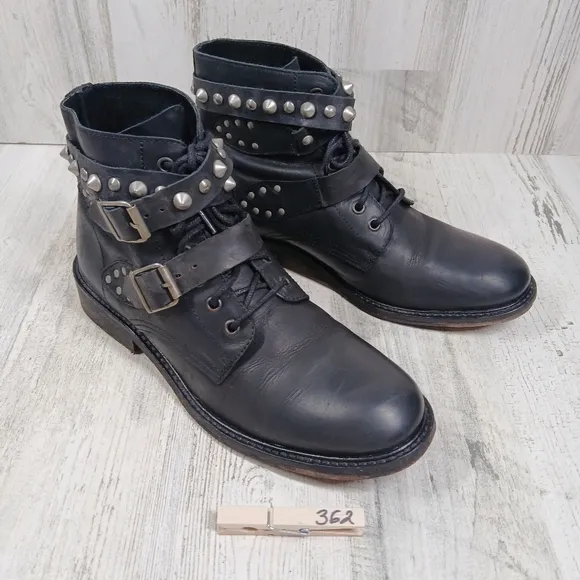 MDK Munderingskompagniet Black Leather Studded Buckle Moto Ankle Boots #362