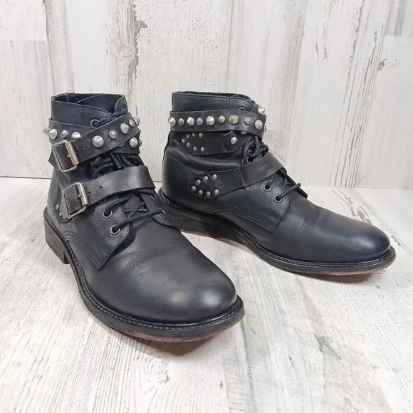 MDK Munderingskompagniet Black Leather Studded Buckle Moto Ankle Boots #362