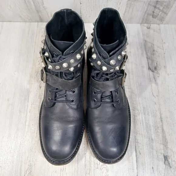 MDK Munderingskompagniet Black Leather Studded Buckle Moto Ankle Boots #362