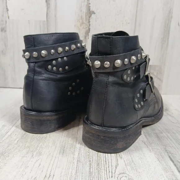 MDK Munderingskompagniet Black Leather Studded Buckle Moto Ankle Boots #362