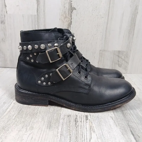 MDK Munderingskompagniet Black Leather Studded Buckle Moto Ankle Boots #362