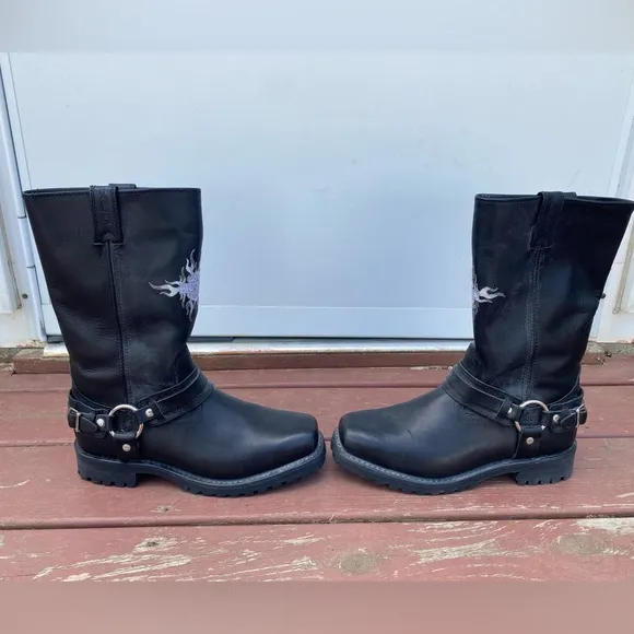 Mens Harley-Davidson Black Riding Boots with Flame Emblem