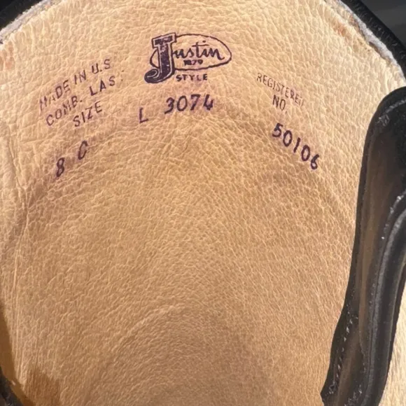 Men's Justin Black Leather Cowboy Boots Size 8 C