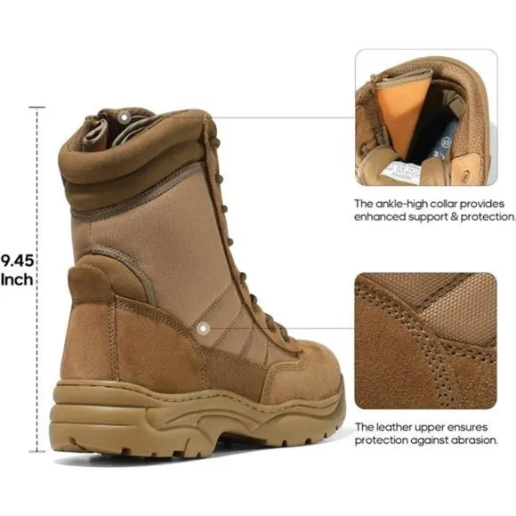 Men's Military Tactical Work Boots Side Zipper Leather Motorcycle Combat Boots