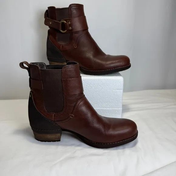 Merrell Leather Ankle Boots Buckle Accents Brown Chelsea Style US 7