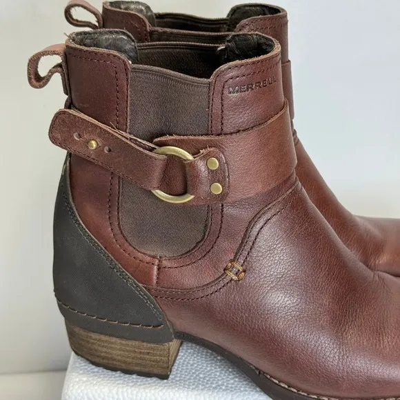Merrell Leather Ankle Boots Buckle Accents Brown Chelsea Style US 7