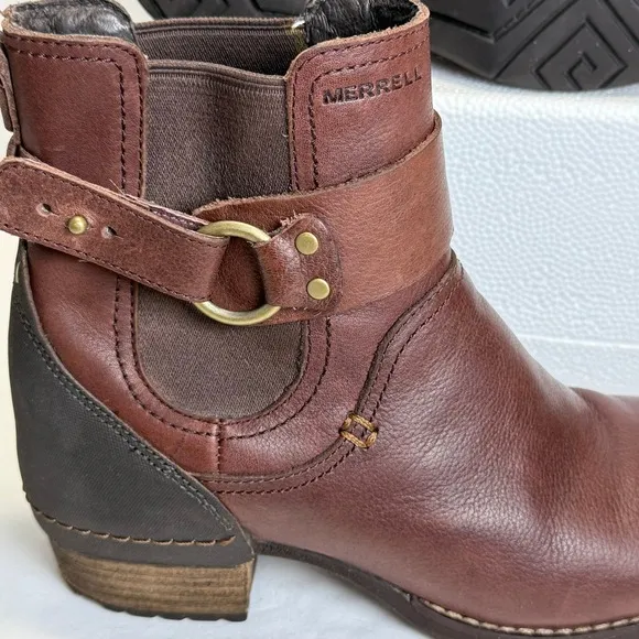 Merrell Leather Ankle Boots Buckle Accents Brown Chelsea Style US 7