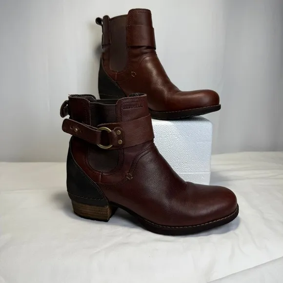 Merrell Leather Ankle Boots Buckle Accents Brown Chelsea Style US 7