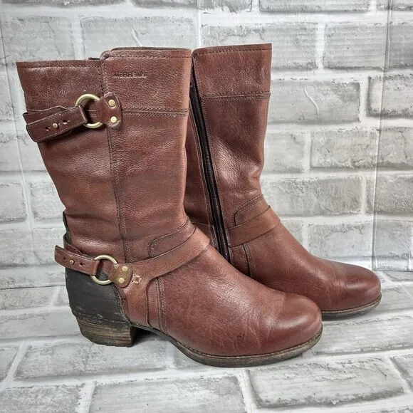 Merrell Shiloh Peak Women's 10 Brown Leather Stacked Heel Motorcycle Boots