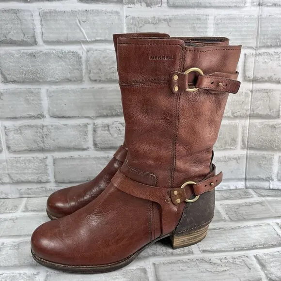Merrell Shiloh Peak Women's 10 Brown Leather Stacked Heel Motorcycle Boots