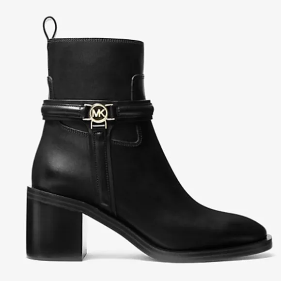 Michael Kors NWT Mindy Leather Ankle Block Heeled Boots with Gold Hardware