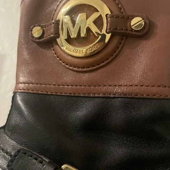 Michael Kors Stockard Two Tone Black Mocha/Brown Leather Platform Heel Boots 6M
