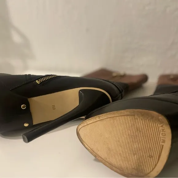 Michael Kors Stockard Two Tone Black Mocha/Brown Leather Platform Heel Boots 6M