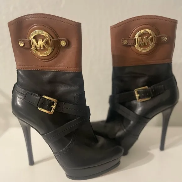 Michael Kors Stockard Two Tone Black Mocha/Brown Leather Platform Heel Boots 6M