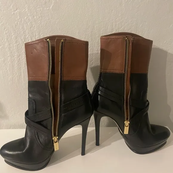 Michael Kors Stockard Two Tone Black Mocha/Brown Leather Platform Heel Boots 6M
