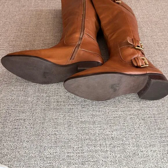 MICHAEL KORS Women Brown Leather Tatum Tall Riding Boots Gold Buckle SZ 7.5