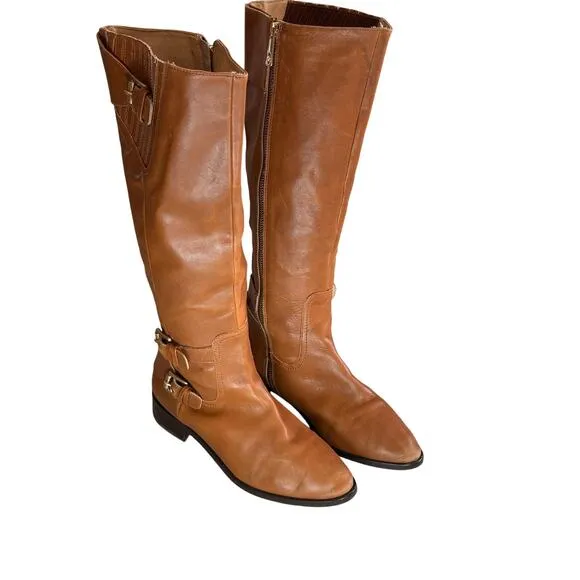MICHAEL KORS Women Brown Leather Tatum Tall Riding Boots Gold Buckle SZ 7.5