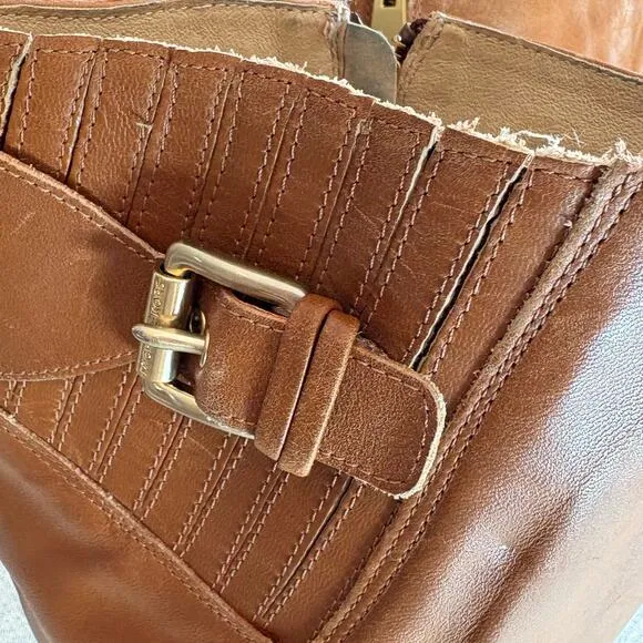 MICHAEL KORS Women Brown Leather Tatum Tall Riding Boots Gold Buckle SZ 7.5