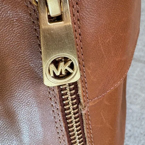 MICHAEL KORS Women Brown Leather Tatum Tall Riding Boots Gold Buckle SZ 7.5