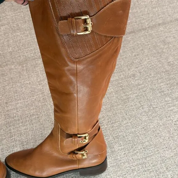 MICHAEL KORS Women Brown Leather Tatum Tall Riding Boots Gold Buckle SZ 7.5