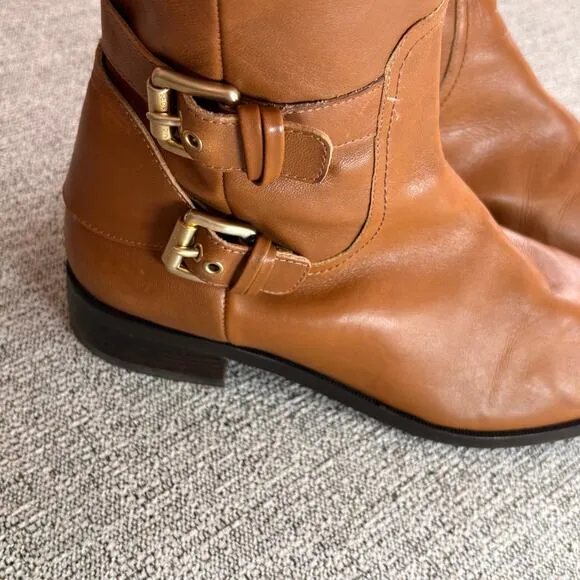MICHAEL KORS Women Brown Leather Tatum Tall Riding Boots Gold Buckle SZ 7.5