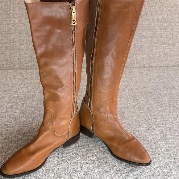 MICHAEL KORS Women Brown Leather Tatum Tall Riding Boots Gold Buckle SZ 7.5