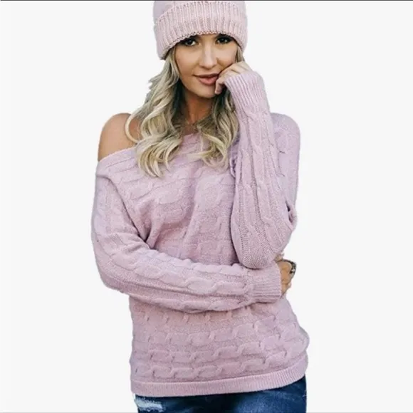 MILITARY HIPPIE dusty pink rose cableknit sweater wide unique boatneck NWT L XL