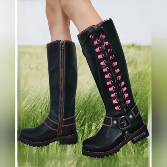 Milwaukee leather blk 14&quot; leather harness motorcycle boots pink accent 10.5 NWOB