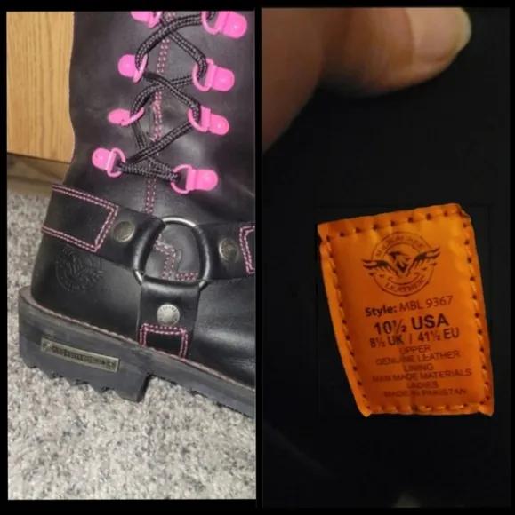 Milwaukee leather blk 14&quot; leather harness motorcycle boots pink accent 10.5 NWOB