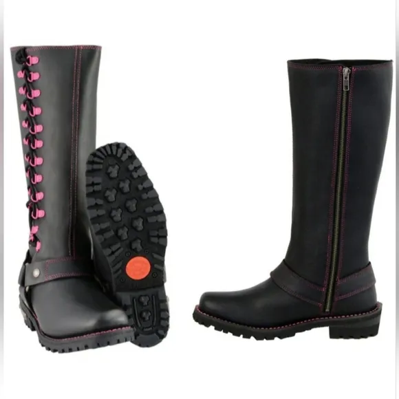 Milwaukee leather blk 14&quot; leather harness motorcycle boots pink accent 10.5 NWOB