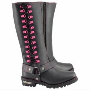 Milwaukee leather blk 14&quot; leather harness motorcycle boots pink accent 10.5 NWOB