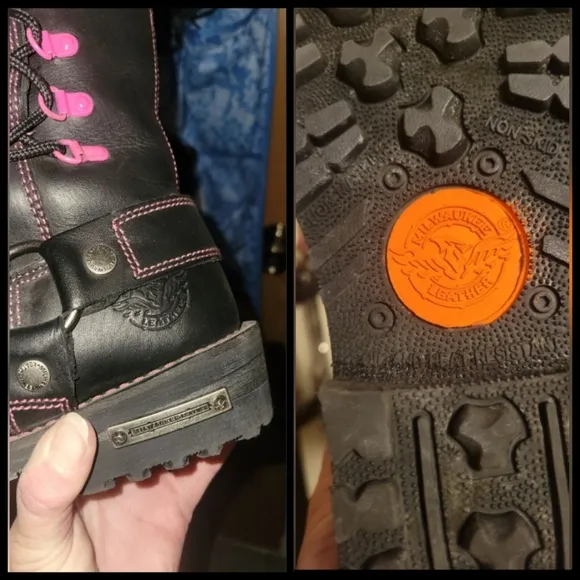 Milwaukee leather blk 14&quot; leather harness motorcycle boots pink accent 10.5 NWOB