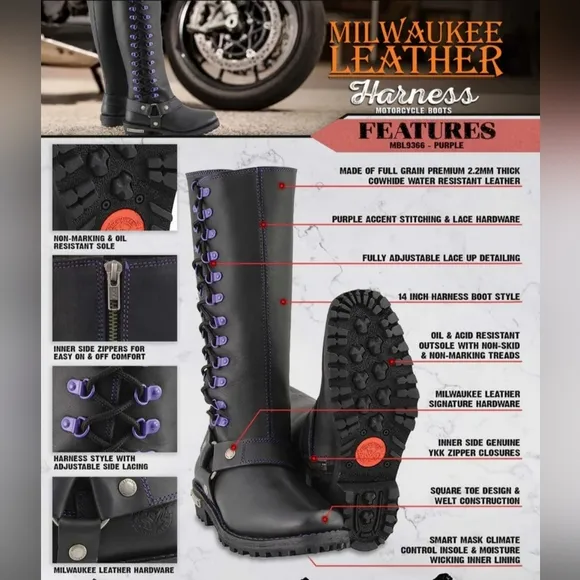 Milwaukee leather blk 14&quot; leather harness motorcycle boots pink accent 10.5 NWOB
