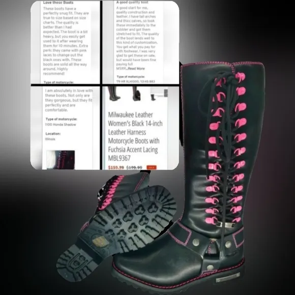 Milwaukee leather blk 14&quot; leather harness motorcycle boots pink accent 10.5 NWOB