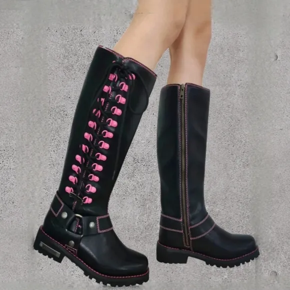 Milwaukee leather blk 14&quot; leather harness motorcycle boots pink accent 10.5 NWOB