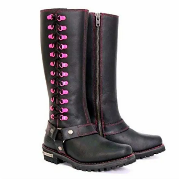 Milwaukee leather blk 14&quot; leather harness motorcycle boots pink accent 10.5 NWOB