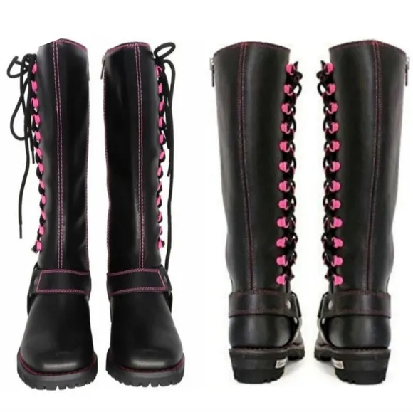 Milwaukee leather blk 14&quot; leather harness motorcycle boots pink accent 10.5 NWOB