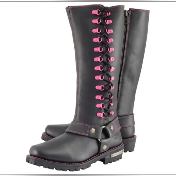 Milwaukee leather blk 14&quot; leather harness motorcycle boots pink accent 10.5 NWOB