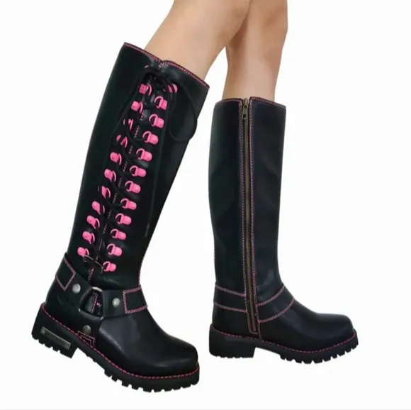 Milwaukee leather blk 14&quot; leather harness motorcycle boots pink accent 10.5 NWOB