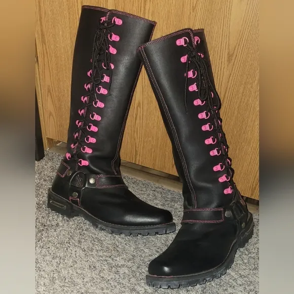 Milwaukee leather blk 14&quot; leather harness motorcycle boots pink accent 10.5 NWOB