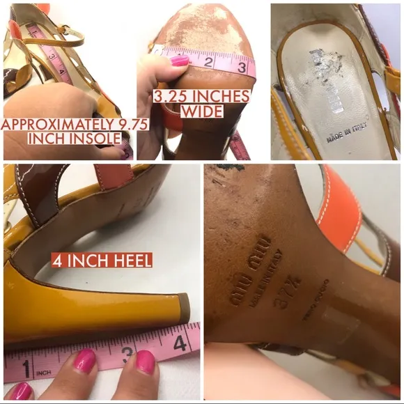 MIU MIU ORANGE, BEIGE &amp; BROWN PATENT LEATHER PEEP TOE MARY JANE HEELS (37.5)