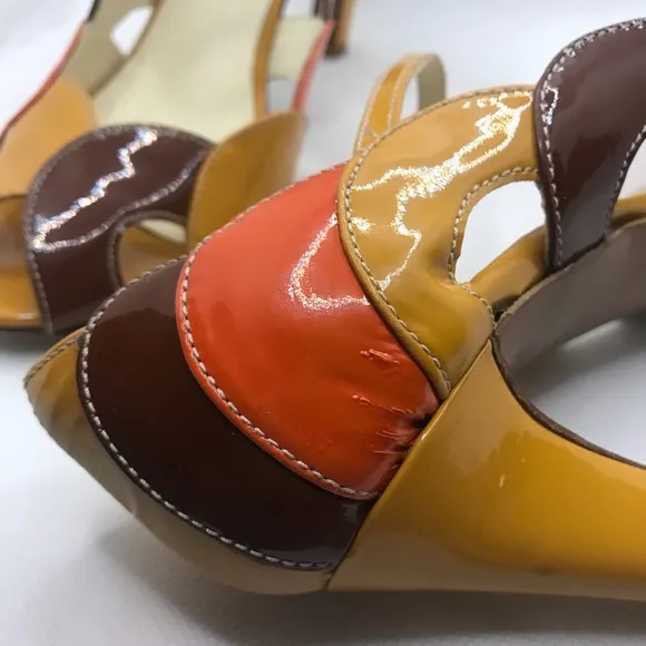 MIU MIU ORANGE, BEIGE &amp; BROWN PATENT LEATHER PEEP TOE MARY JANE HEELS (37.5)